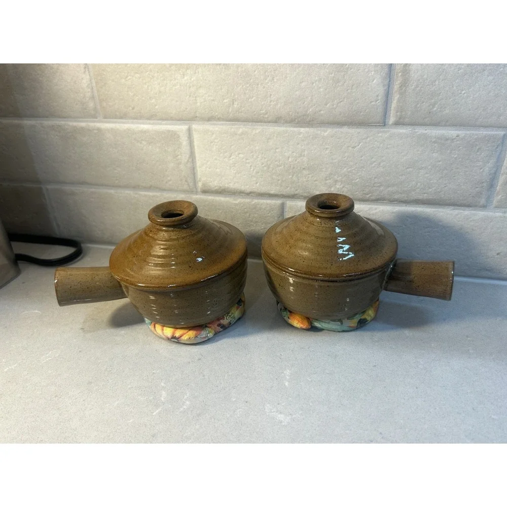 2 Vintage Soup Crocks Brown Pair Handles Vented Lids
